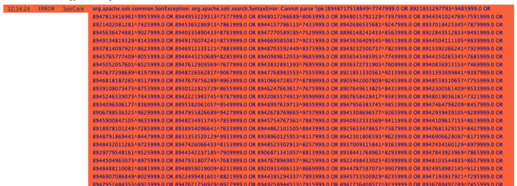 org.apache.solr.common.SolrException: org.apache.solr.search.SyntaxError: Cannot parse
too many boolean clauses
