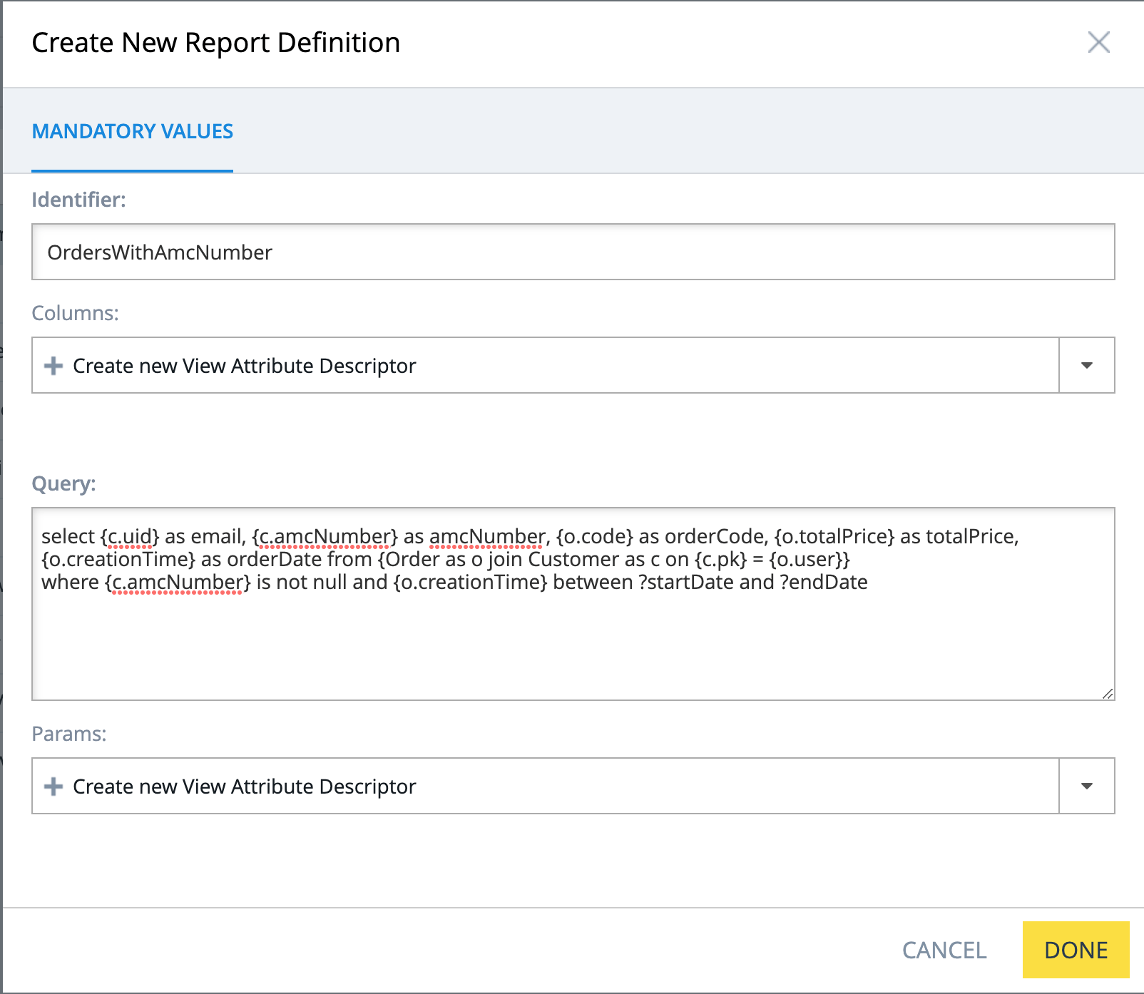 Sap commerce backoffice report definition initial screen