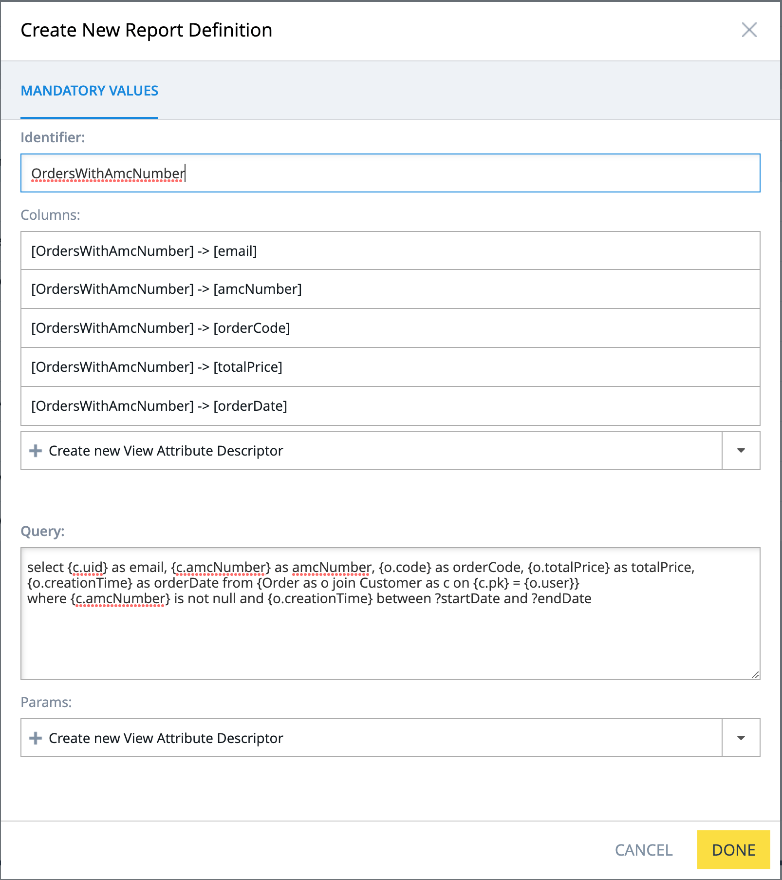 sap commerce report definition columns